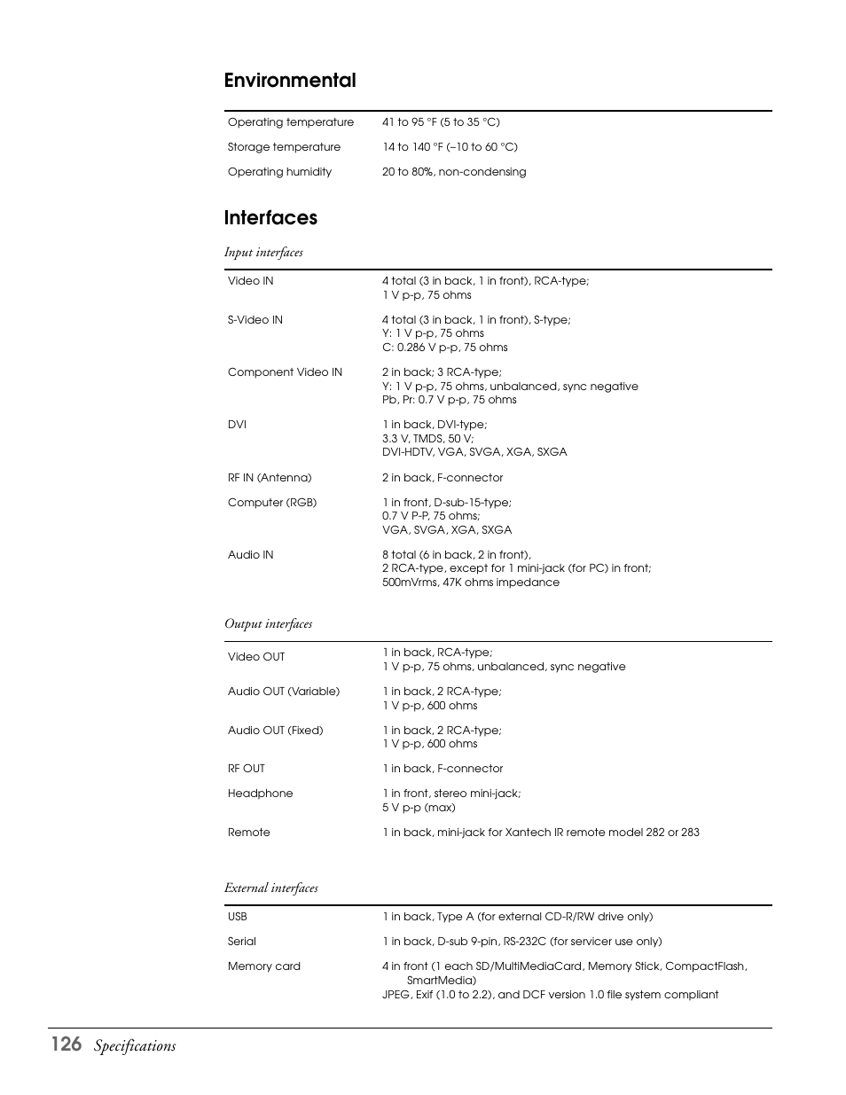 Environmental, Interfaces, Environmental interfaces | Specifications | Epson LS57P1 User Manual | Page 126 / 138