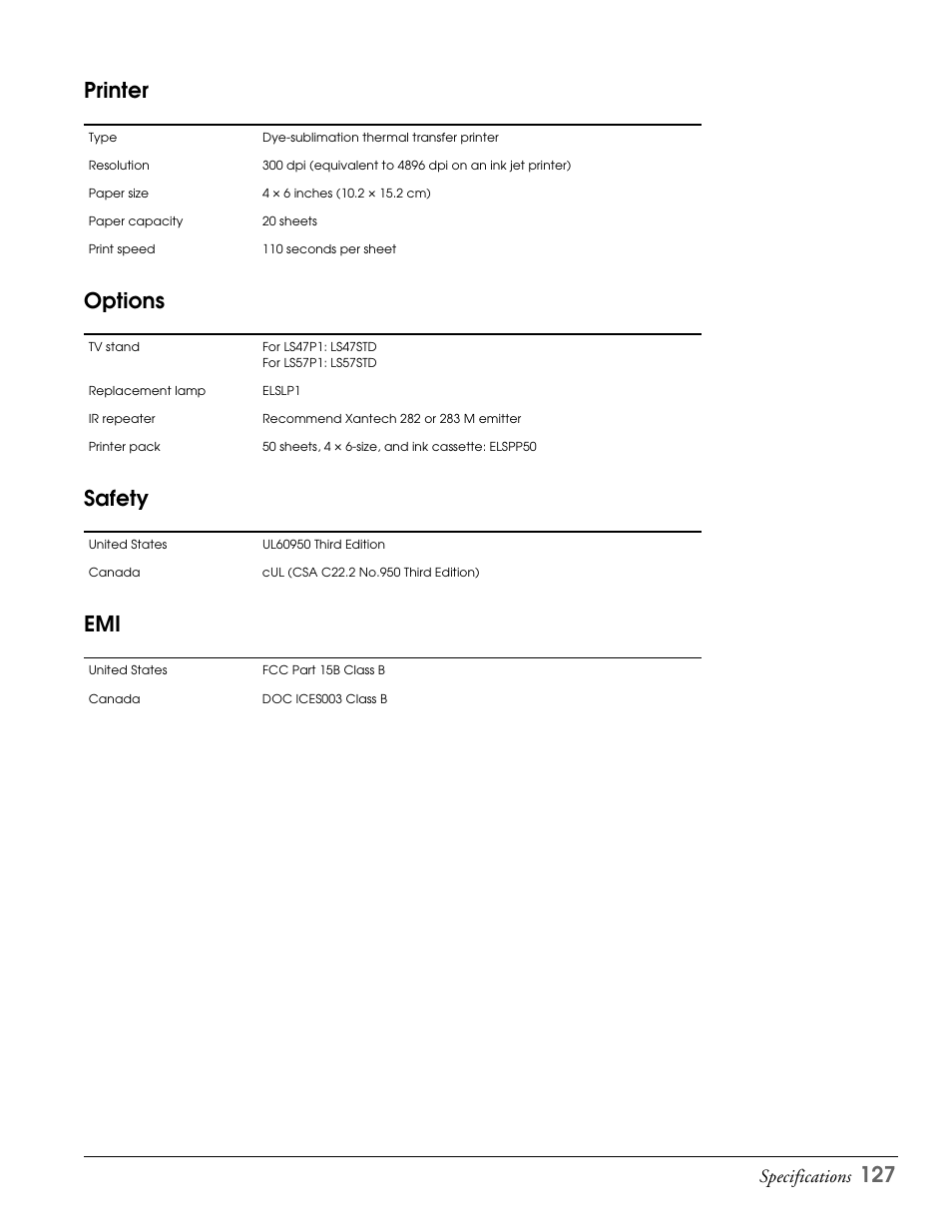 Printer, Options, Safety | Printer options safety emi, 127 printer options safety emi, Specifications | Epson LS57P1 User Manual | Page 127 / 138