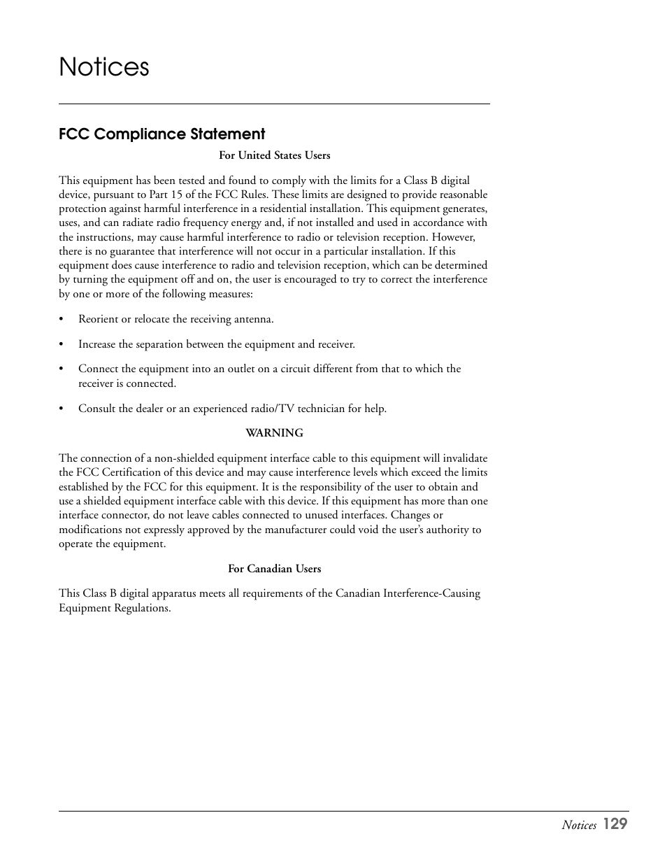 Notices, Fcc compliance statement | Epson LS57P1 User Manual | Page 129 / 138