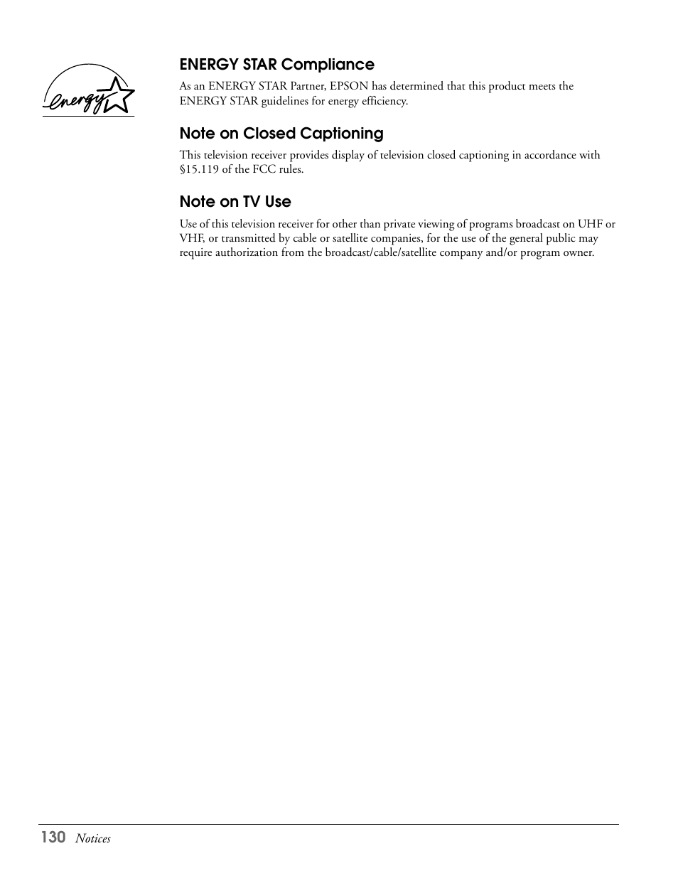 Energy star compliance, Note on closed captioning, Note on tv use | Epson LS57P1 User Manual | Page 130 / 138