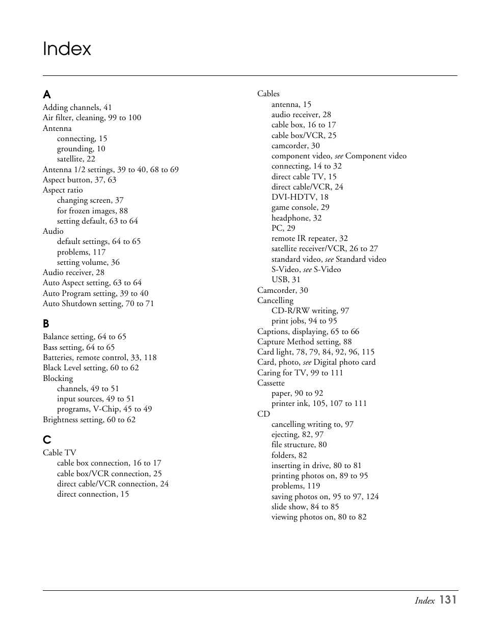 Index | Epson LS57P1 User Manual | Page 131 / 138