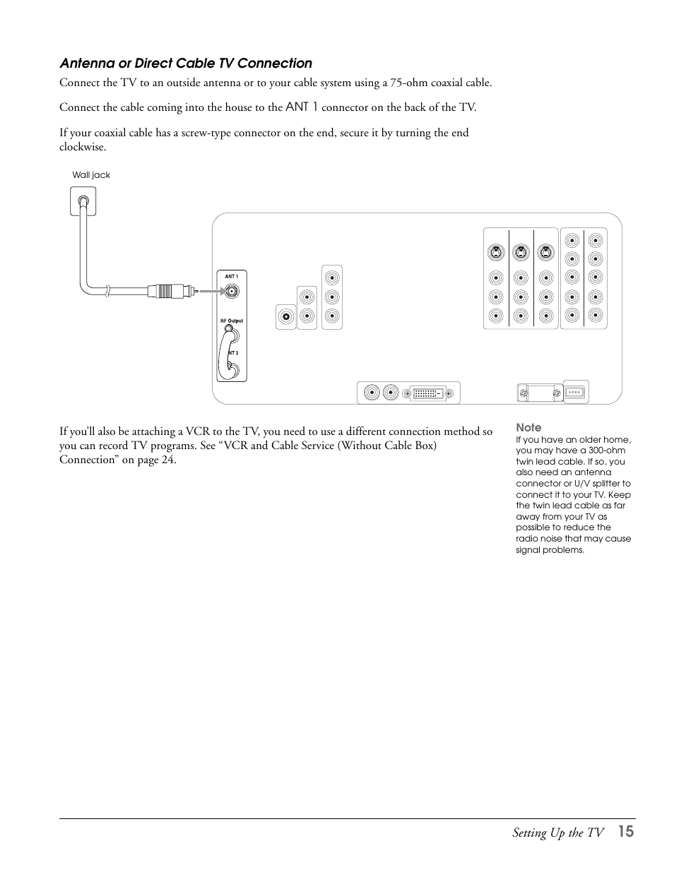 Antenna or direct cable tv connection | Epson LS57P1 User Manual | Page 15 / 138
