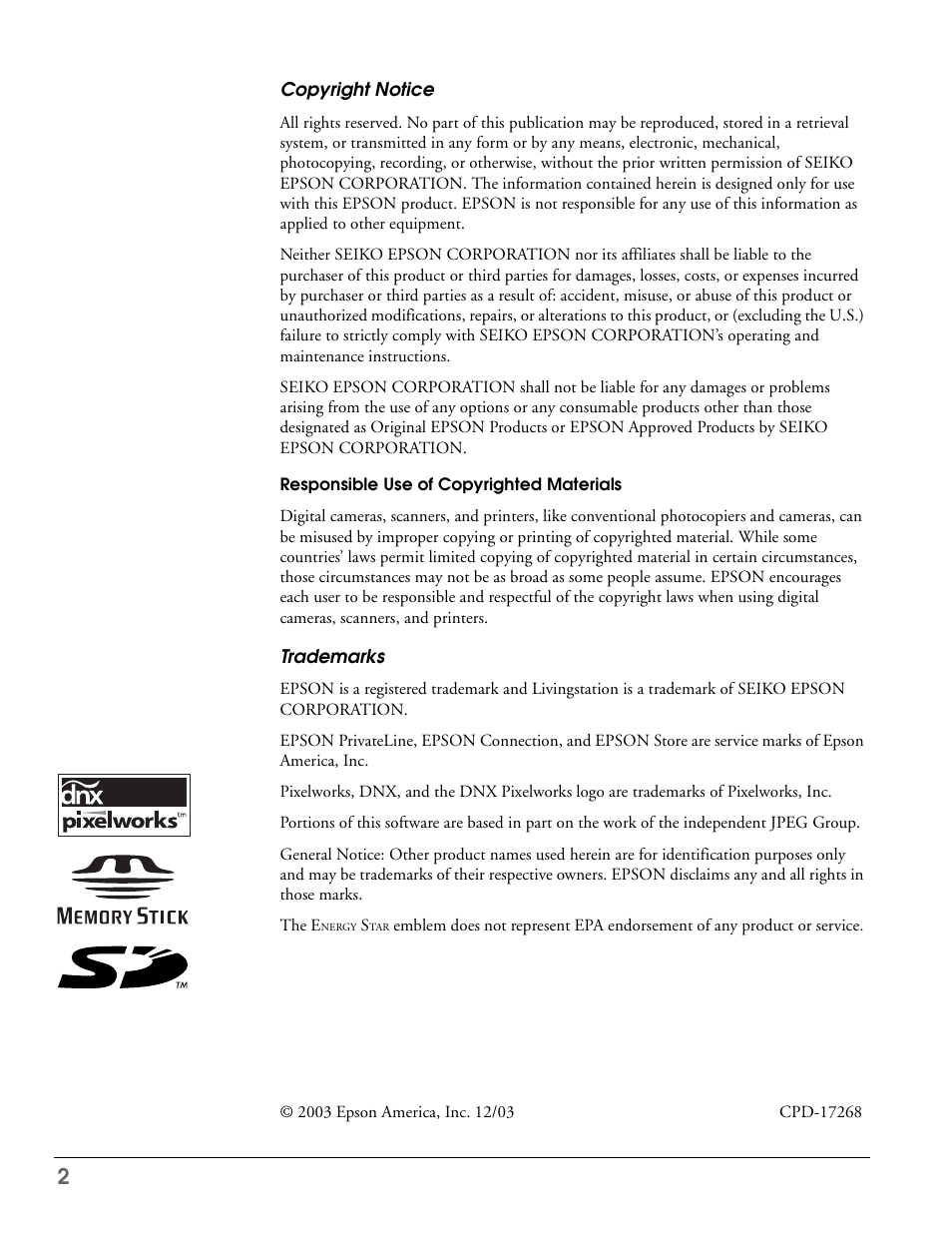 Copyright notice, Trademarks | Epson LS57P1 User Manual | Page 2 / 138
