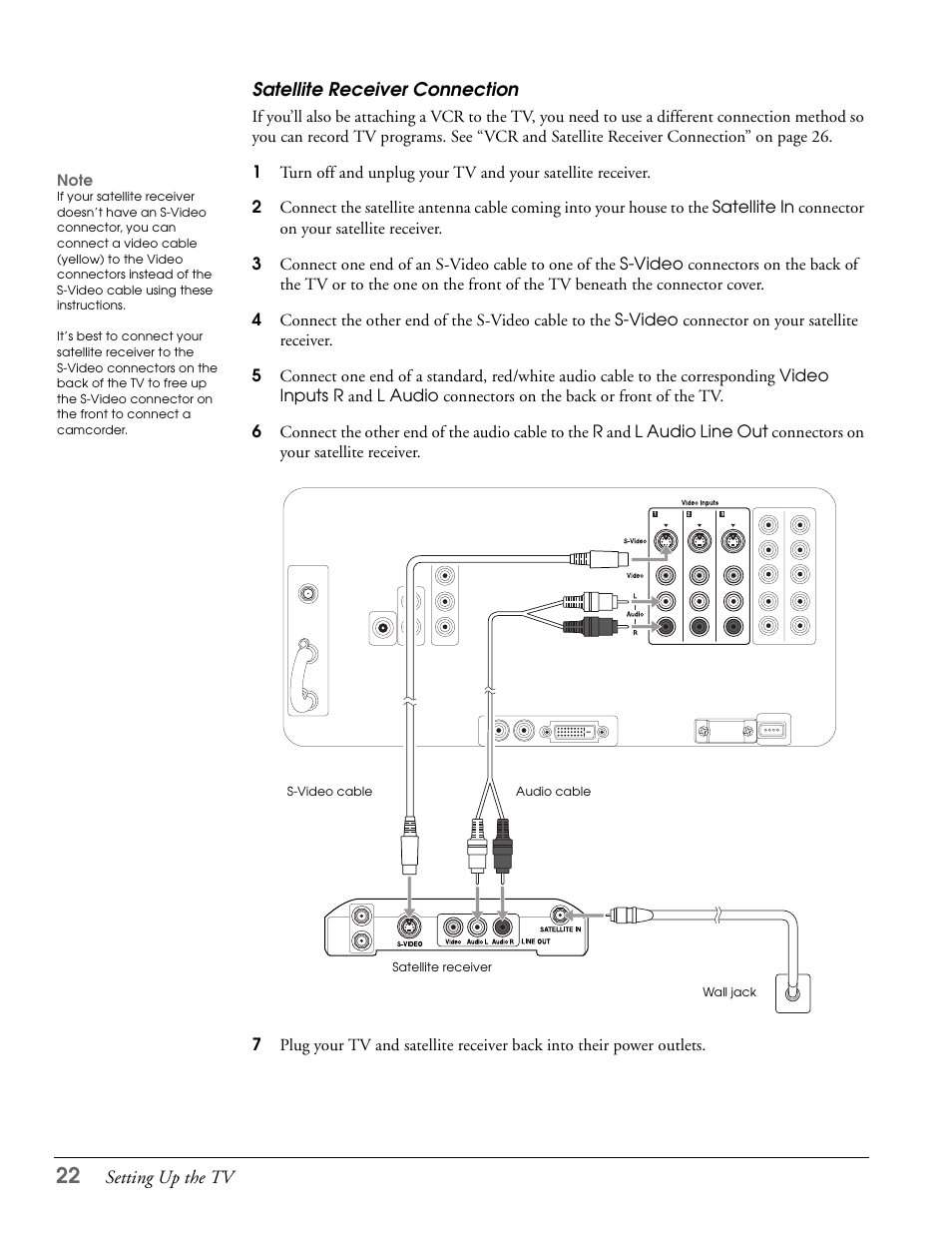 Satellite receiver connection | Epson LS57P1 User Manual | Page 22 / 138