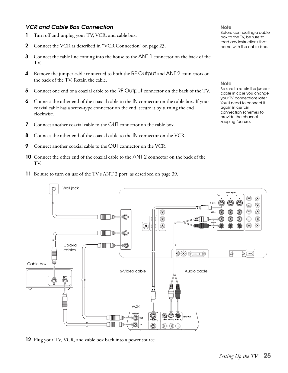 Vcr and cable box connection | Epson LS57P1 User Manual | Page 25 / 138