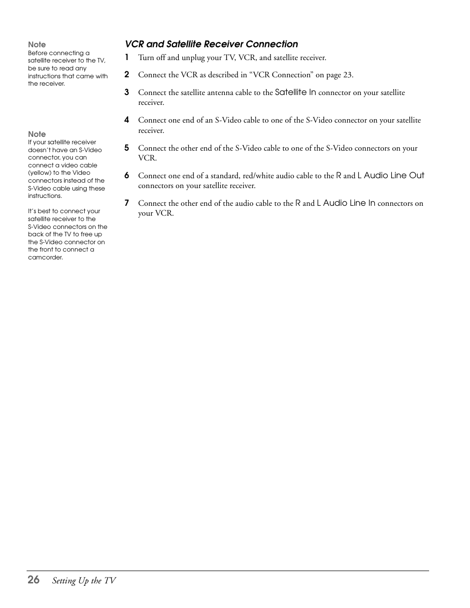 Vcr and satellite receiver connection | Epson LS57P1 User Manual | Page 26 / 138