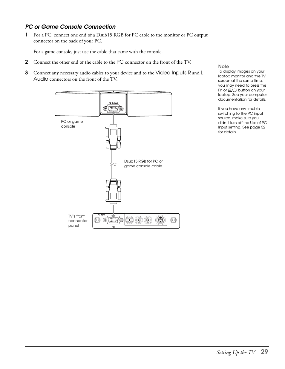 Pc or game console connection | Epson LS57P1 User Manual | Page 29 / 138
