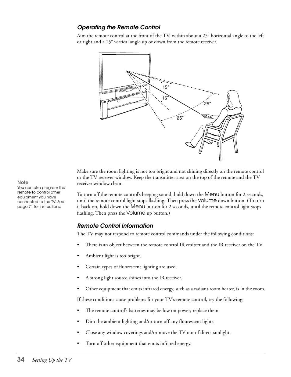 Operating the remote control, Remote control information | Epson LS57P1 User Manual | Page 34 / 138