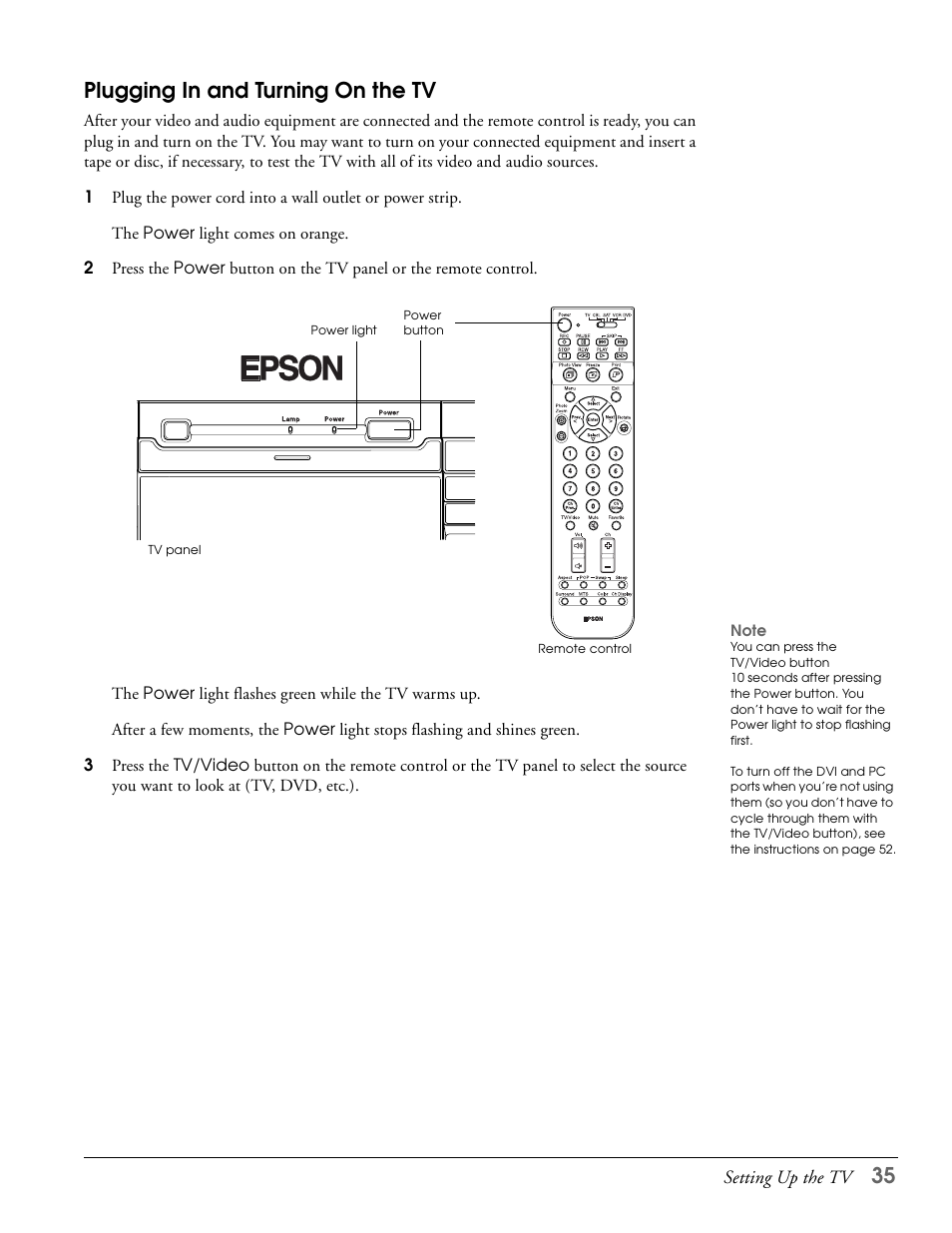 Plugging in and turning on the tv, 35 plugging in and turning on the tv | Epson LS57P1 User Manual | Page 35 / 138