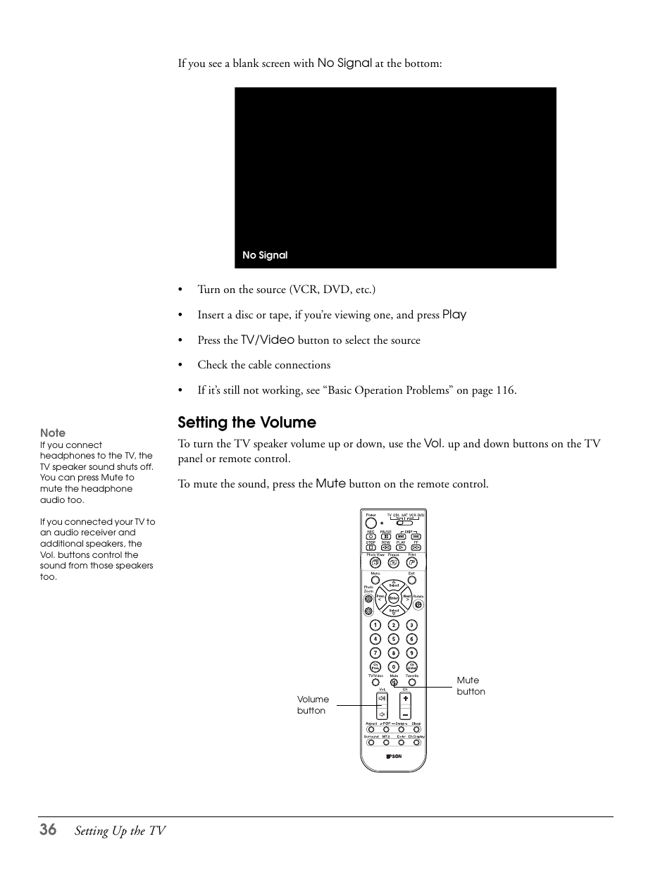 Setting the volume | Epson LS57P1 User Manual | Page 36 / 138
