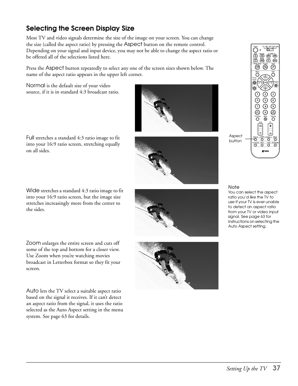 Selecting the screen display size, 37 selecting the screen display size | Epson LS57P1 User Manual | Page 37 / 138