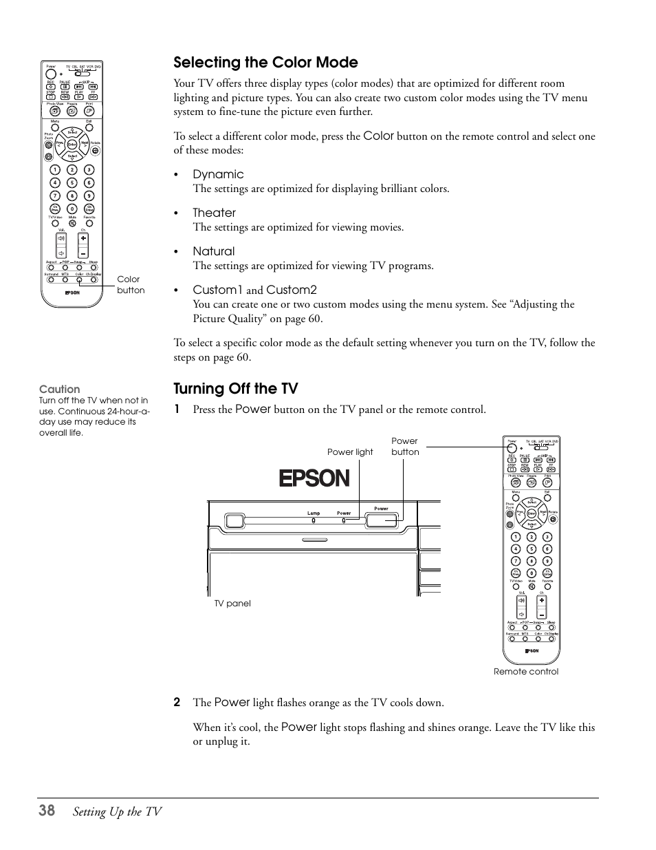 Selecting the color mode, Turning off the tv, Selecting the color mode turning off the tv | Epson LS57P1 User Manual | Page 38 / 138