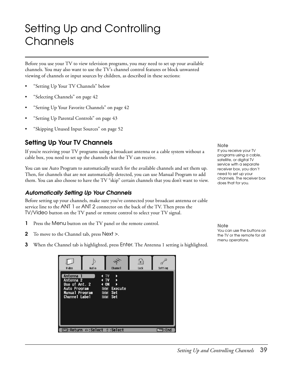 Setting up and controlling channels, Setting up your tv channels, Automatically setting up your channels | Epson LS57P1 User Manual | Page 39 / 138