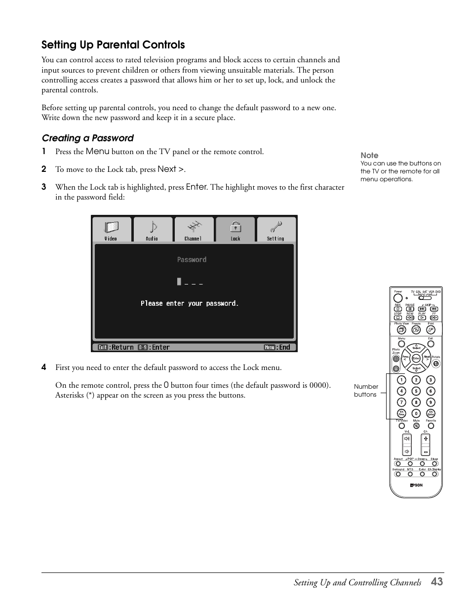 Setting up parental controls, Creating a password, 43 setting up parental controls | Epson LS57P1 User Manual | Page 43 / 138