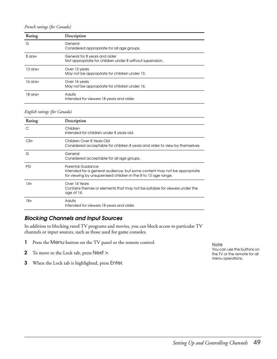 Blocking channels and input sources, Setting up and controlling channels | Epson LS57P1 User Manual | Page 49 / 138