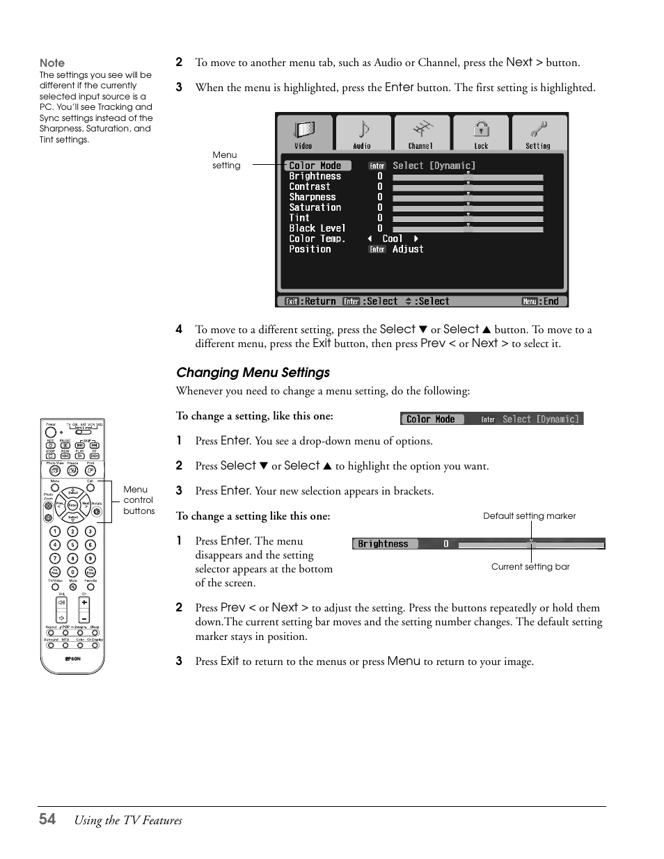 Changing menu settings | Epson LS57P1 User Manual | Page 54 / 138