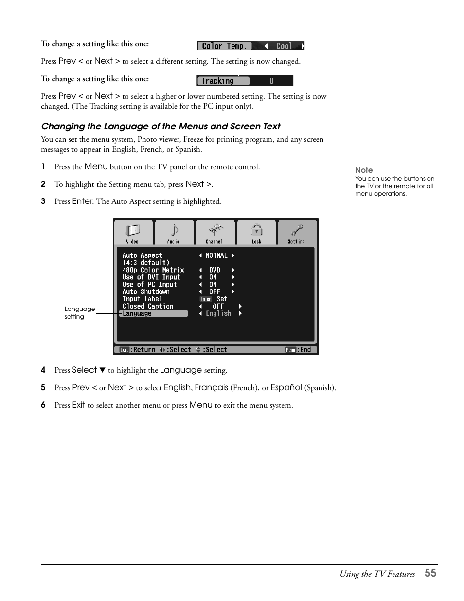 Changing the language of the menus and screen text | Epson LS57P1 User Manual | Page 55 / 138