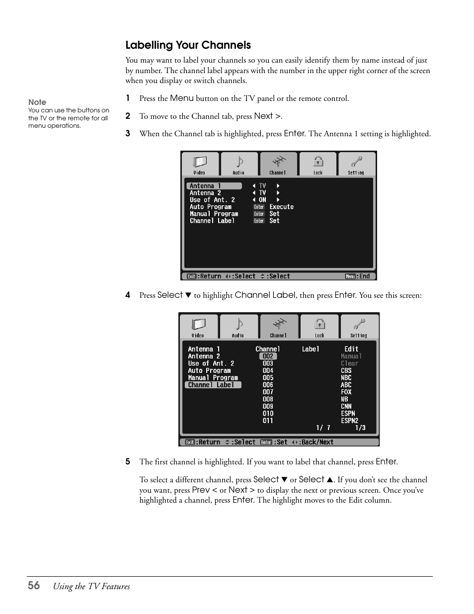 Labelling your channels | Epson LS57P1 User Manual | Page 56 / 138