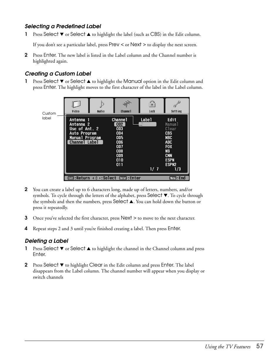 Selecting a predefined label, Creating a custom label, Deleting a label | Epson LS57P1 User Manual | Page 57 / 138