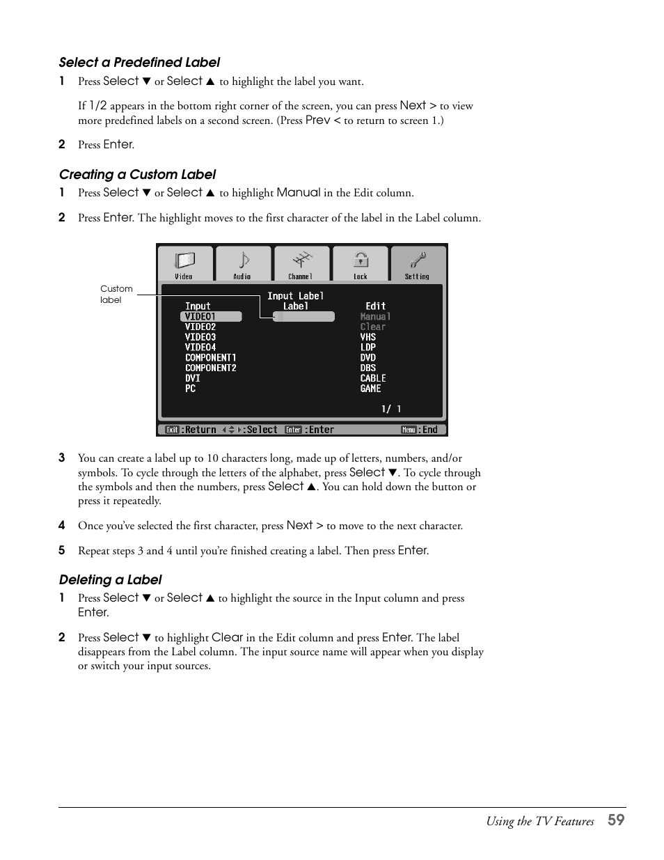 Select a predefined label, Creating a custom label, Deleting a label | Epson LS57P1 User Manual | Page 59 / 138