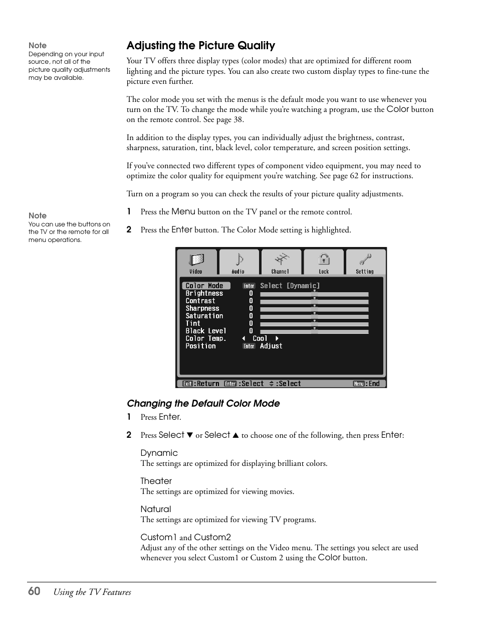 Adjusting the picture quality, Changing the default color mode | Epson LS57P1 User Manual | Page 60 / 138