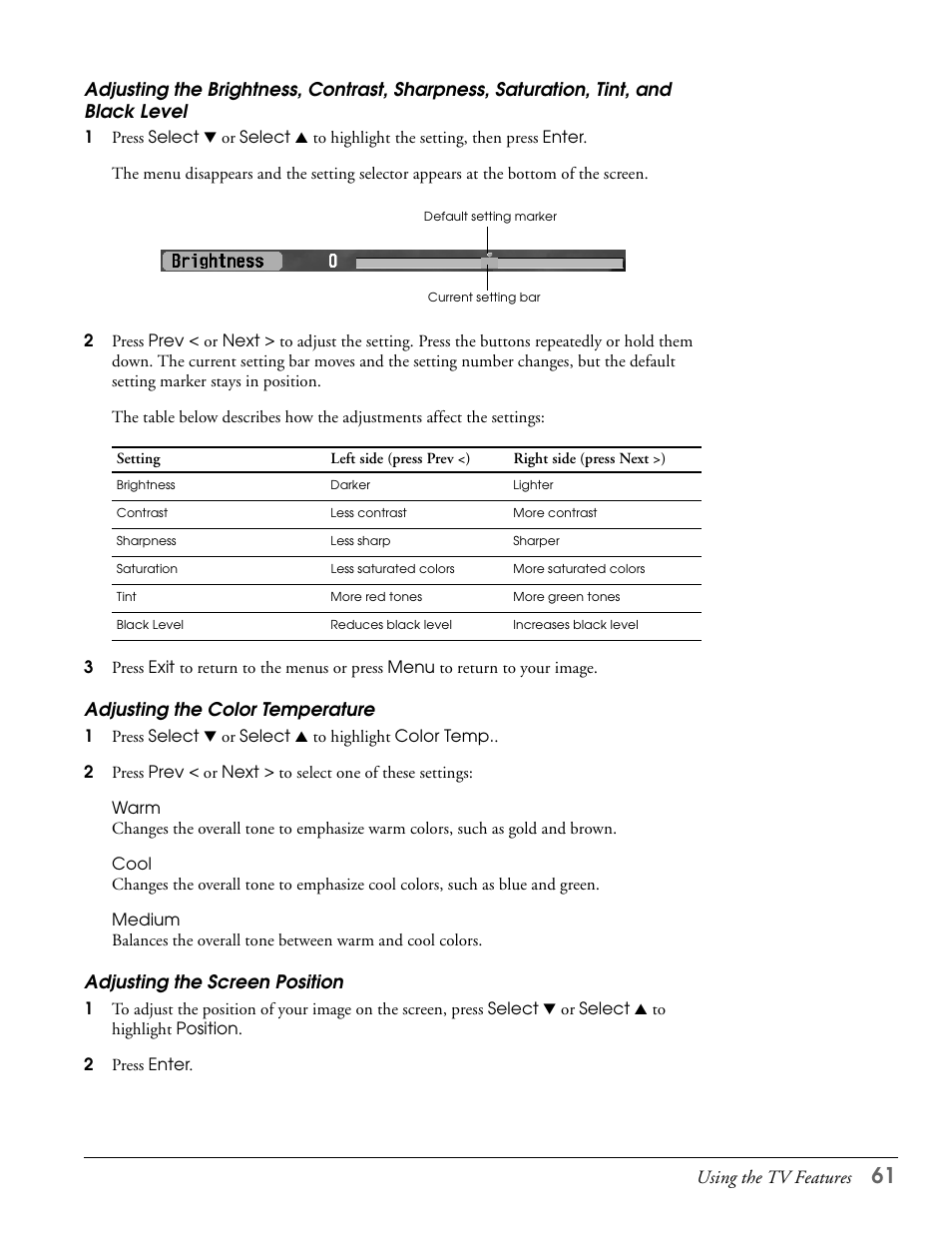 Adjusting the color temperature, Adjusting the screen position, And black level | Epson LS57P1 User Manual | Page 61 / 138