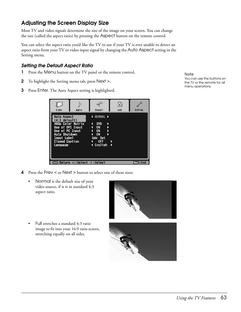 Adjusting the screen display size, Setting the default aspect ratio, 63 adjusting the screen display size | Epson LS57P1 User Manual | Page 63 / 138