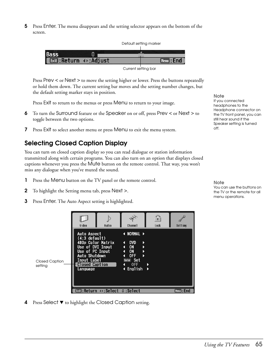 Selecting closed caption display | Epson LS57P1 User Manual | Page 65 / 138