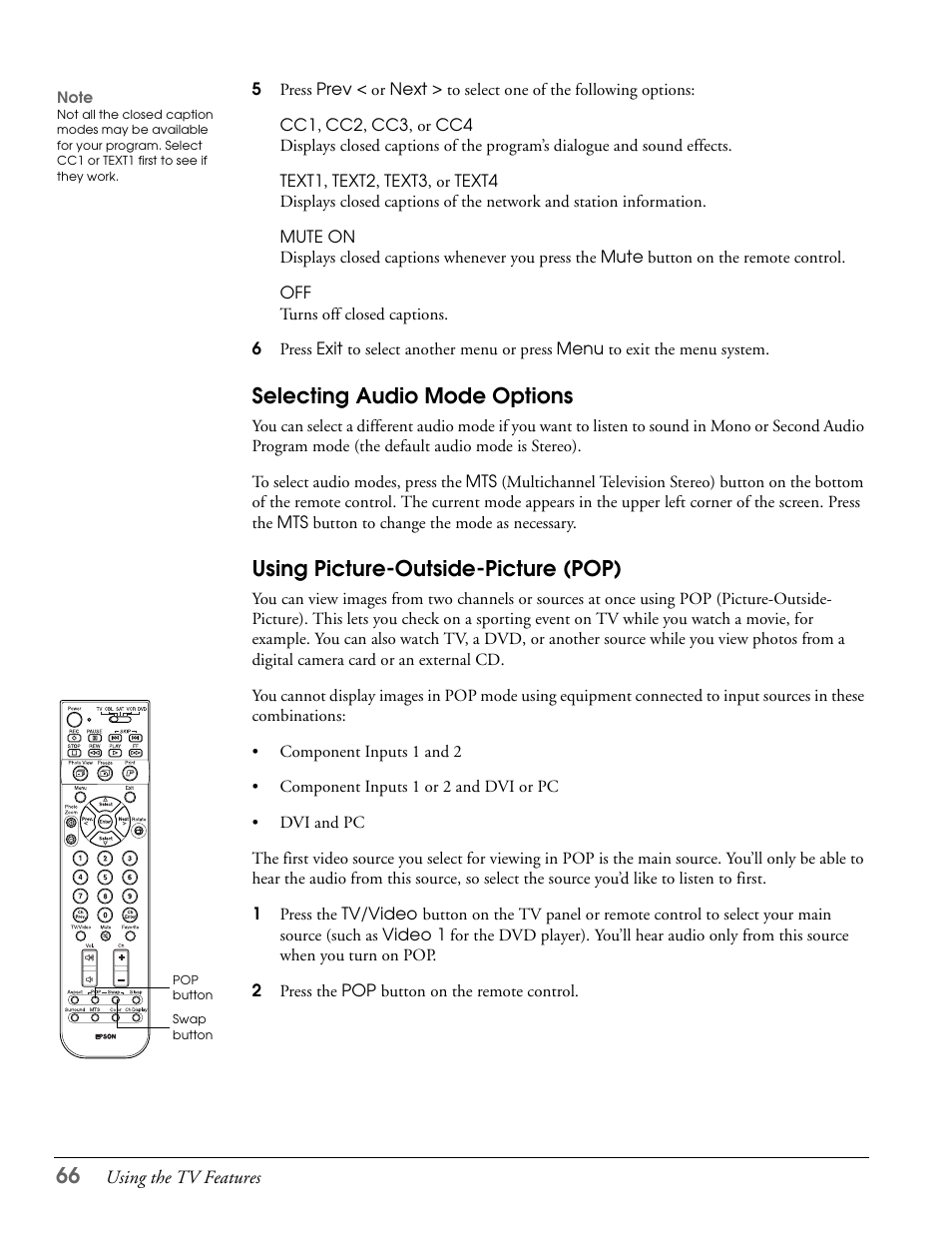 Selecting audio mode options, Using picture-outside-picture (pop) | Epson LS57P1 User Manual | Page 66 / 138