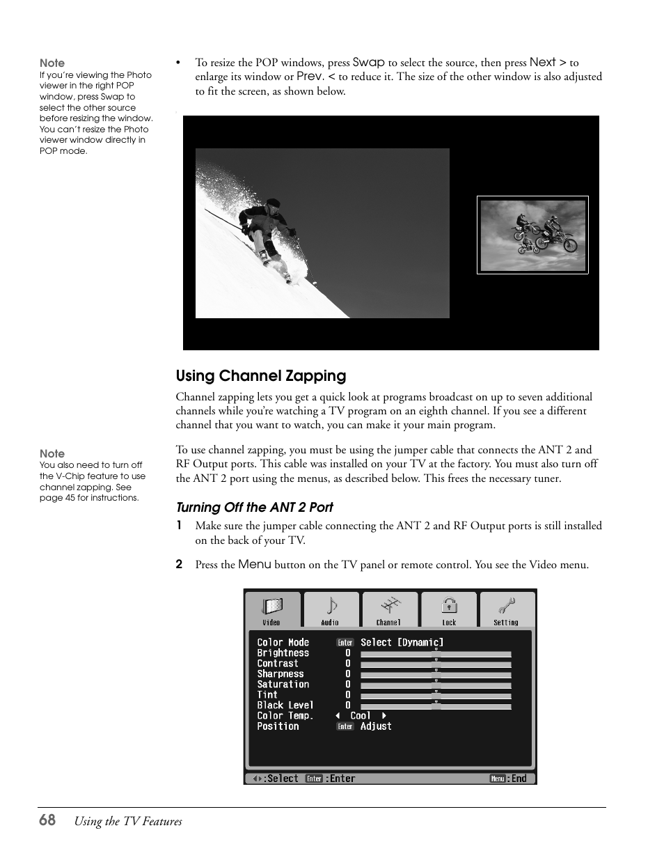 Using channel zapping, Turning off the ant2 port, Turning off the ant 2 port | Epson LS57P1 User Manual | Page 68 / 138