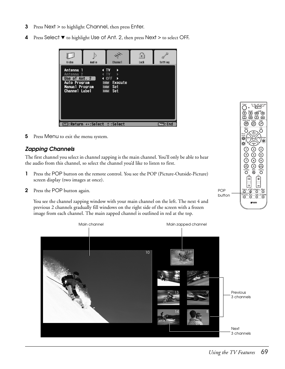 Zapping channels | Epson LS57P1 User Manual | Page 69 / 138