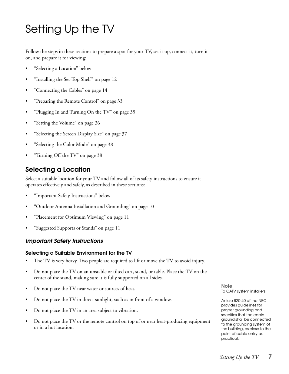 Setting up the tv, Selecting a location, Important safety instructions | Epson LS57P1 User Manual | Page 7 / 138
