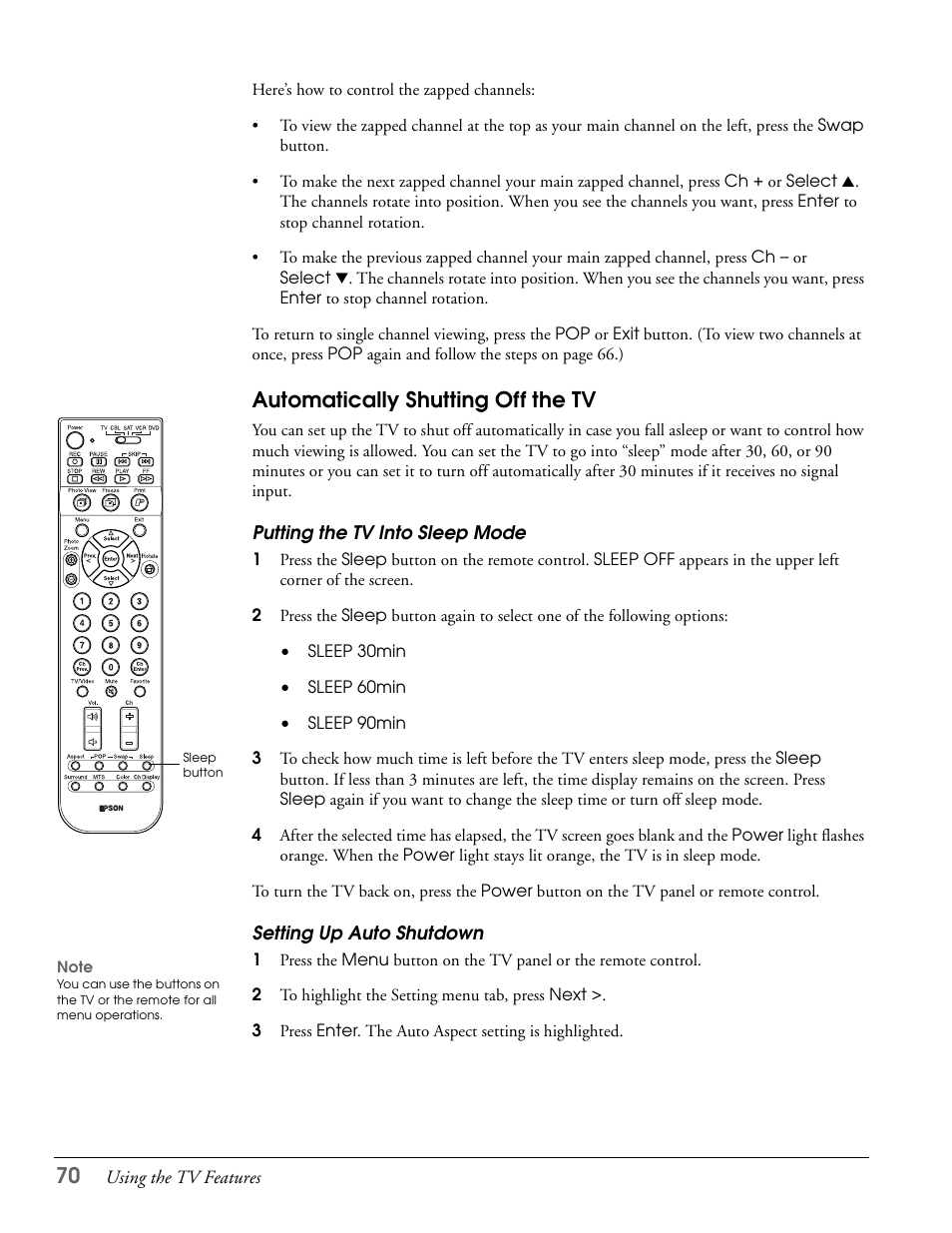 Automatically shutting off the tv, Putting the tv into sleep mode, Setting up auto shutdown | Epson LS57P1 User Manual | Page 70 / 138
