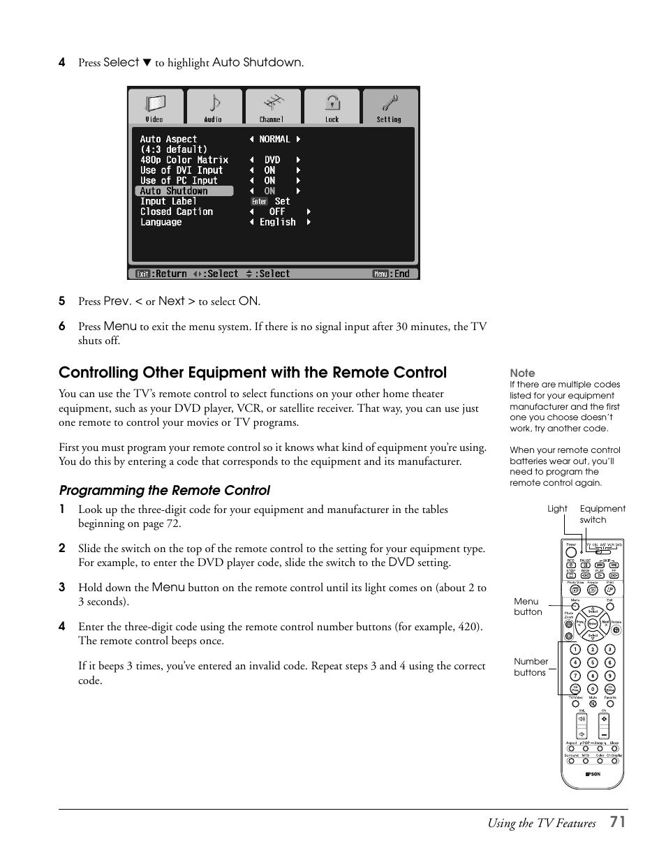 Programming the remote control | Epson LS57P1 User Manual | Page 71 / 138