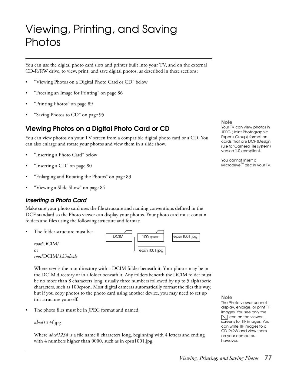 Viewing, printing, and saving photos, Viewing photos on a digital photo card or cd, Inserting a photo card | Epson LS57P1 User Manual | Page 77 / 138