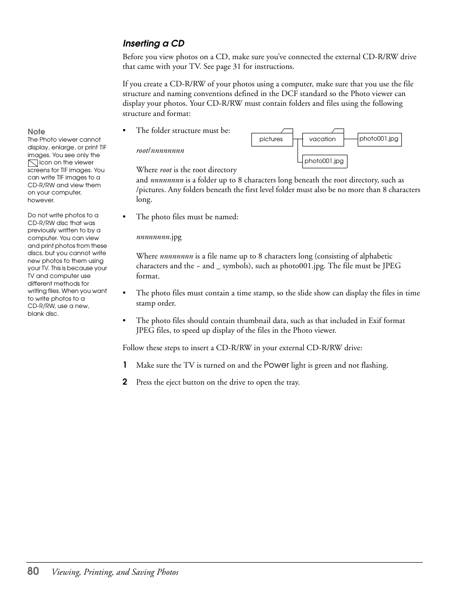 Inserting a cd | Epson LS57P1 User Manual | Page 80 / 138