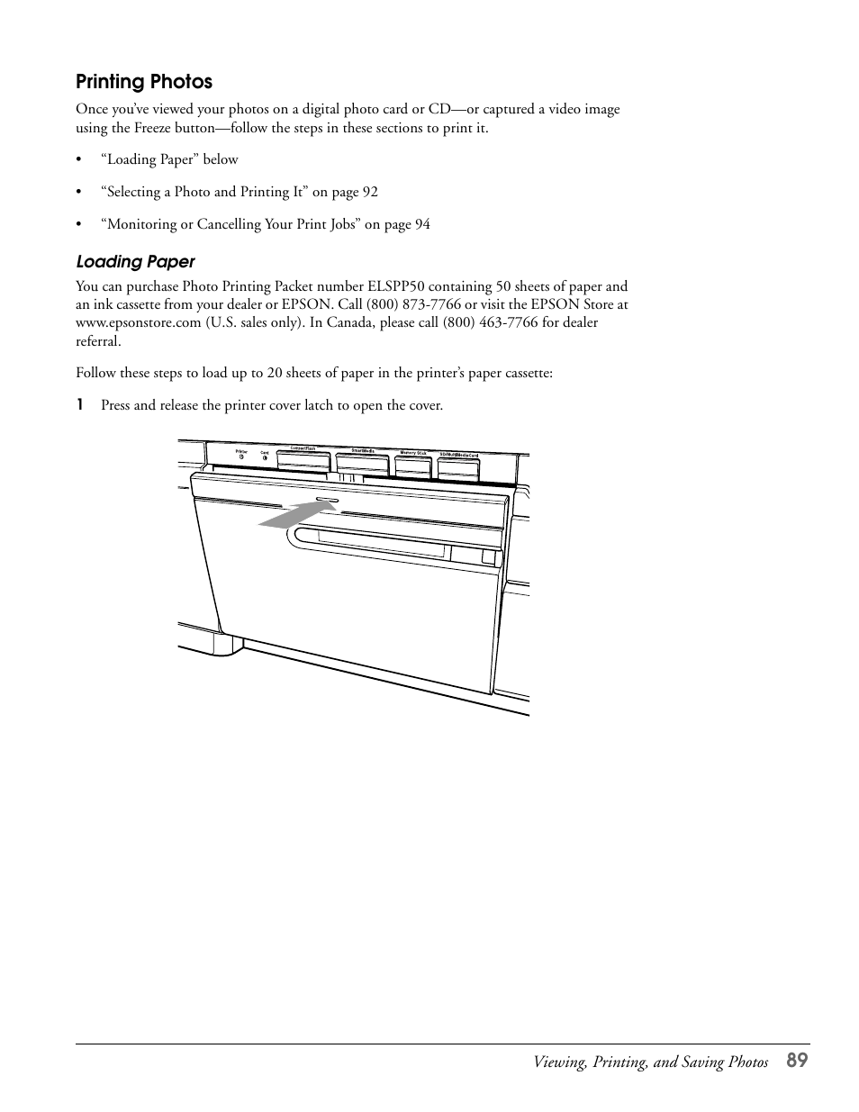 Printing photos, Loading paper | Epson LS57P1 User Manual | Page 89 / 138