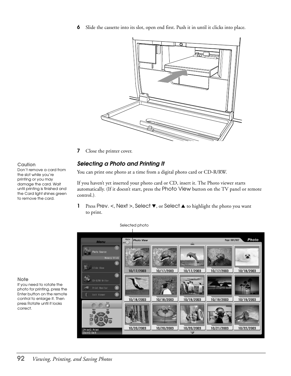 Selecting a photo and printing it | Epson LS57P1 User Manual | Page 92 / 138