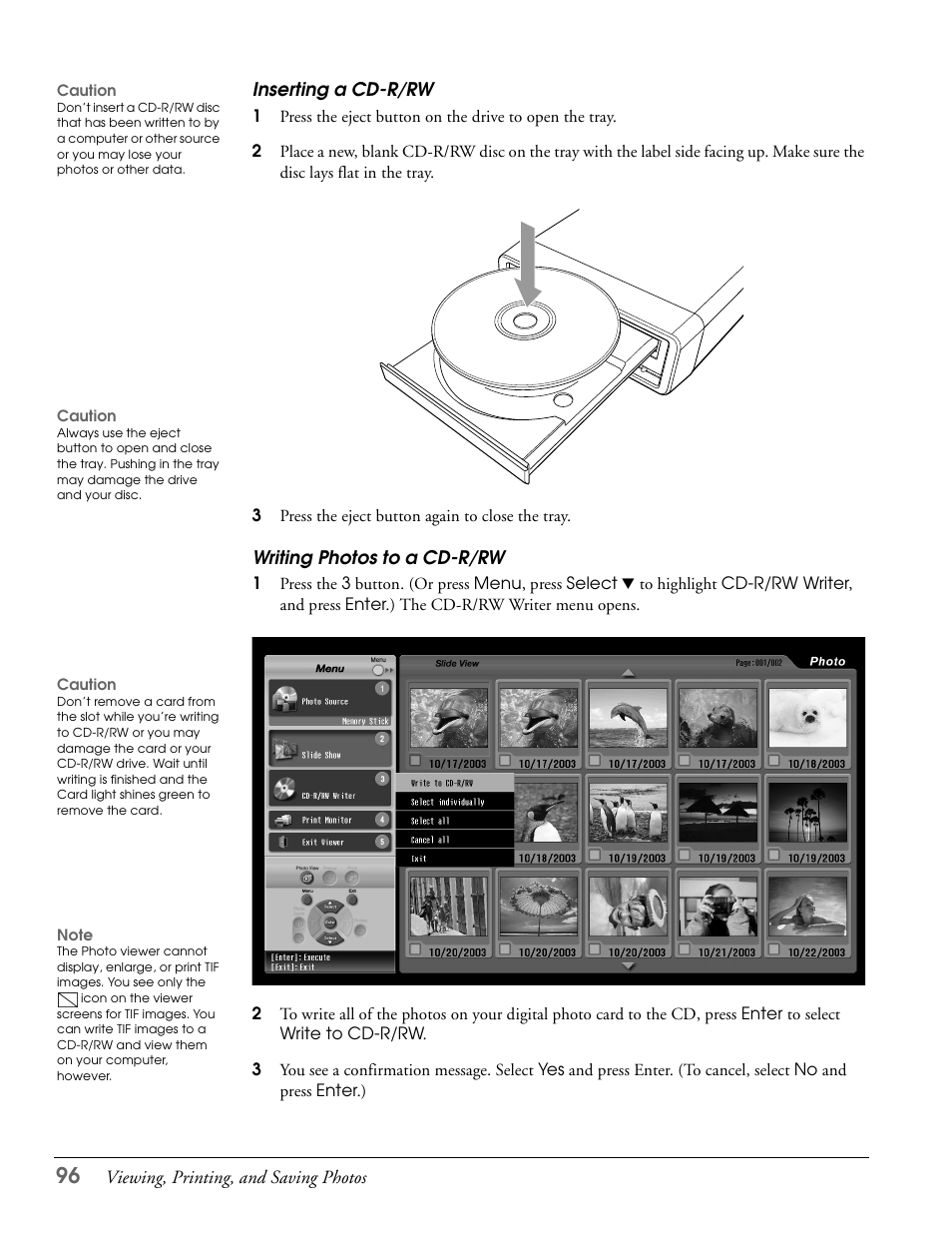 Inserting a cd-r/rw, Writing photos to a cd-r/rw, Inserting a cd-r/rw writing photos to a cd-r/rw | Epson LS57P1 User Manual | Page 96 / 138