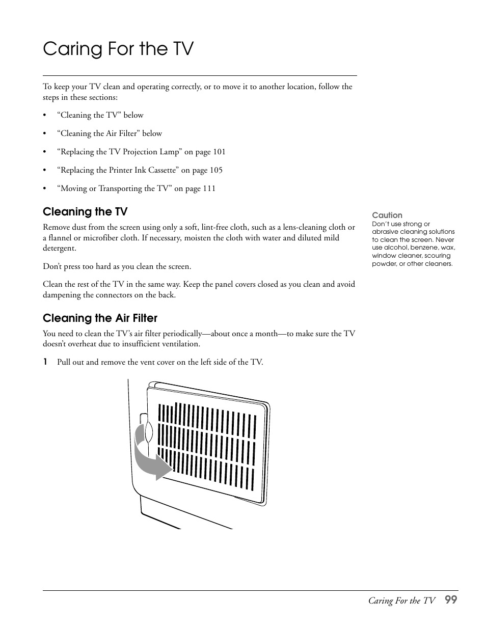 Caring for the tv, Cleaning the tv, Cleaning the air filter | Cleaning the tv cleaning the air filter | Epson LS57P1 User Manual | Page 99 / 138