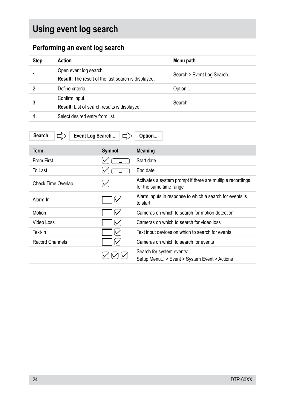 Using event log search, Performing an event log search | Epson DTR-6008/750CD User Manual | Page 24 / 72