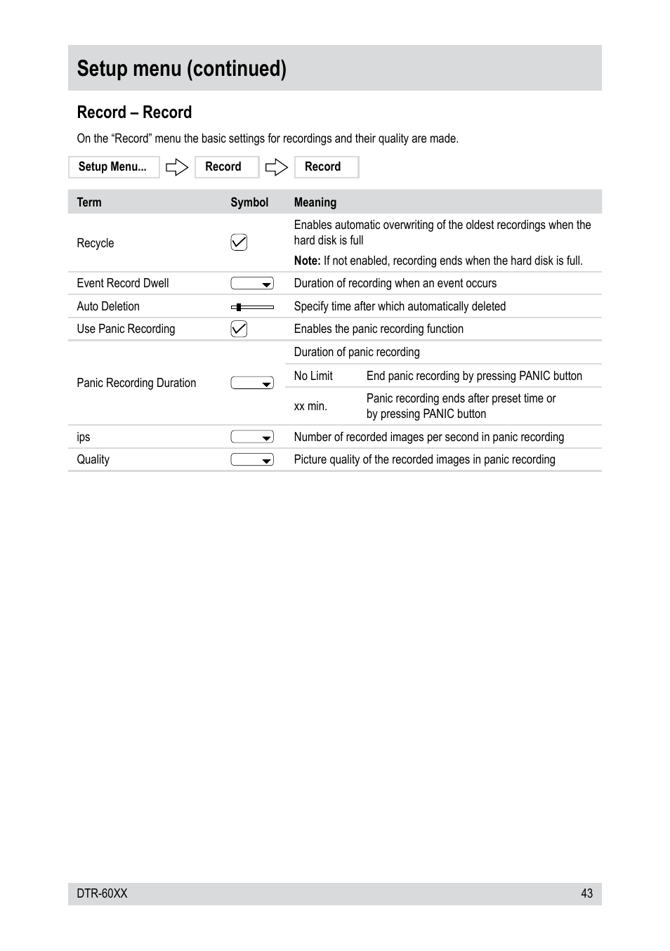 Setup menu (continued), Record – record | Epson DTR-6008/750CD User Manual | Page 43 / 72