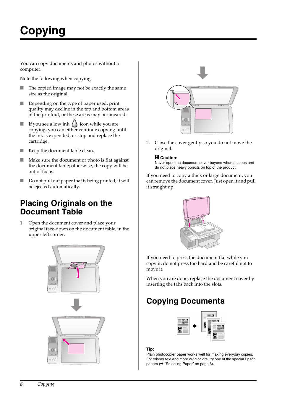 Copying, Placing originals on the document table, Copying documents | Epson STYLUS DX6000 User Manual | Page 10 / 36