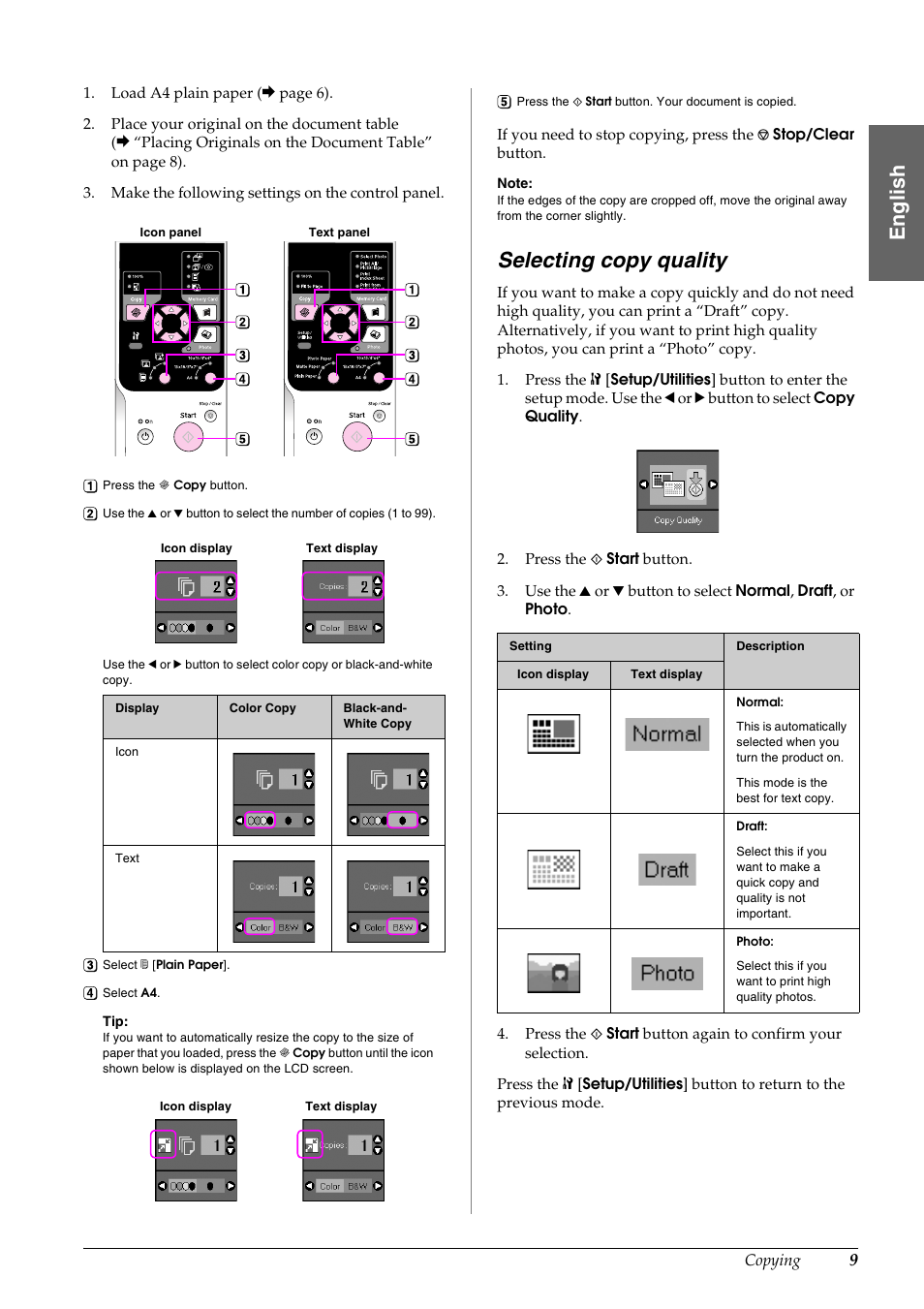 Selecting copy quality, En g lis h | Epson STYLUS DX6000 User Manual | Page 11 / 36