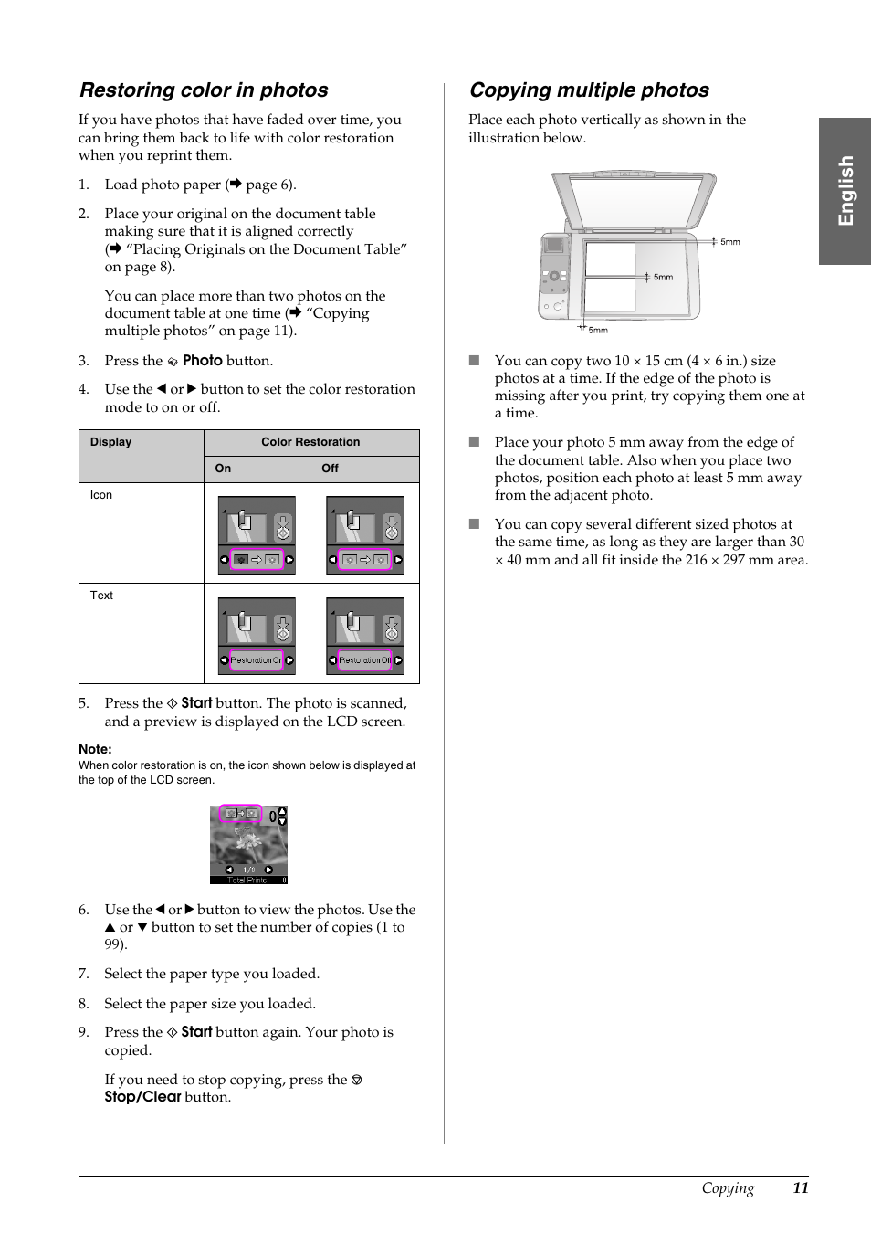 Restoring color in photos, Copying multiple photos, En g lis h | Epson STYLUS DX6000 User Manual | Page 13 / 36
