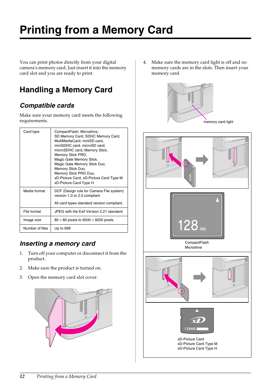 Printing from a memory card, Handling a memory card, Compatible cards | Inserting a memory card | Epson STYLUS DX6000 User Manual | Page 14 / 36