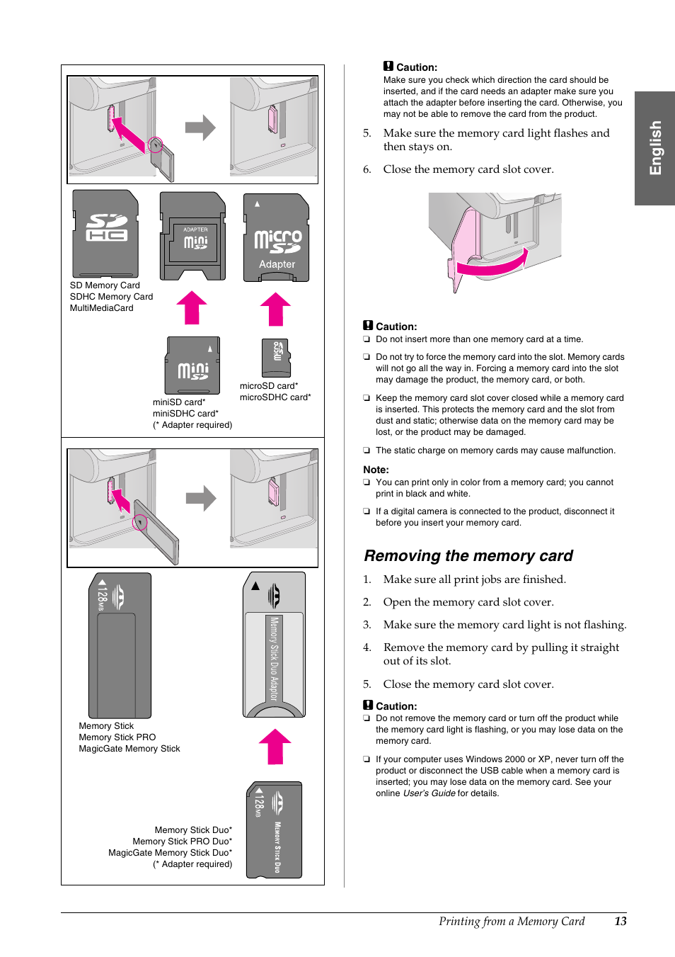 Removing the memory card, En g lis h | Epson STYLUS DX6000 User Manual | Page 15 / 36