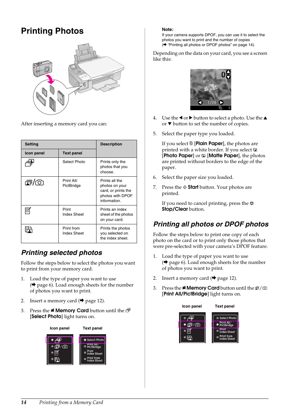 Printing photos, Printing selected photos, Printing all photos or dpof photos | Epson STYLUS DX6000 User Manual | Page 16 / 36