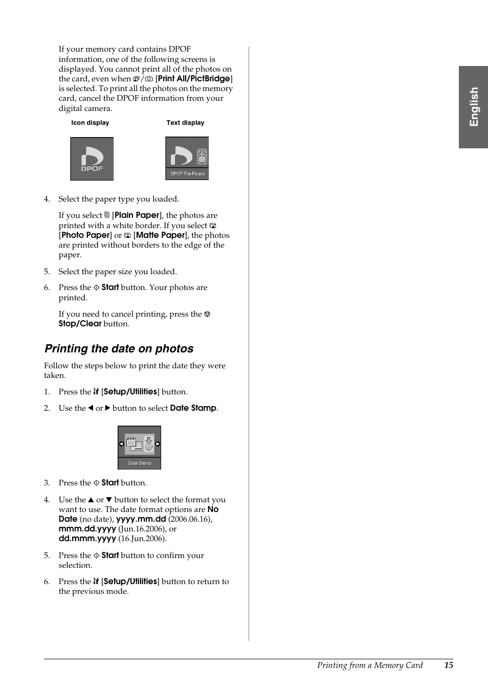 Printing the date on photos, En g lis h | Epson STYLUS DX6000 User Manual | Page 17 / 36