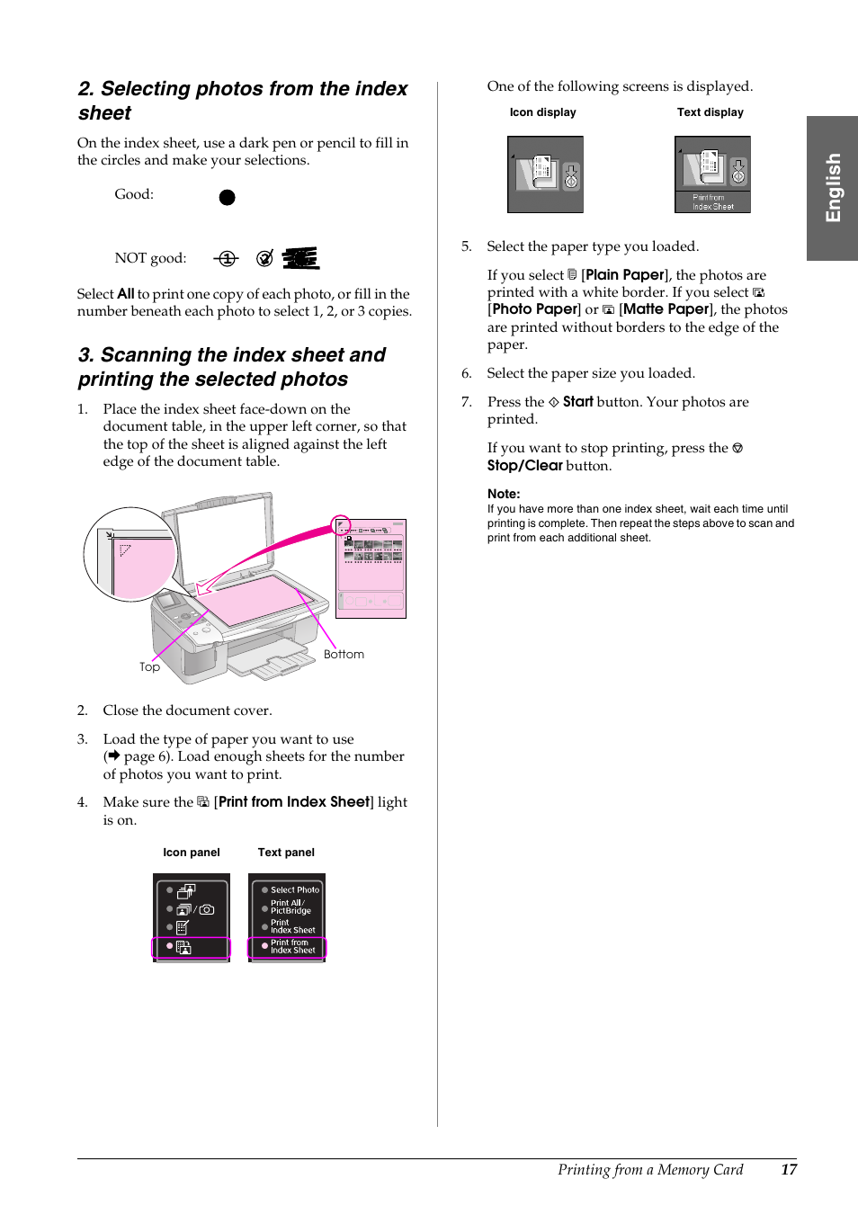 Selecting photos from the index sheet, En g lis h | Epson STYLUS DX6000 User Manual | Page 19 / 36